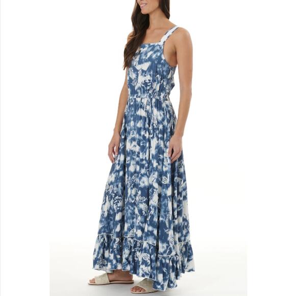 Splendid Jenna Maxi Dress Tired Sz S Blue Tie Dye Boho Ruffle Bohemian Resort - Picture 1 of 8
